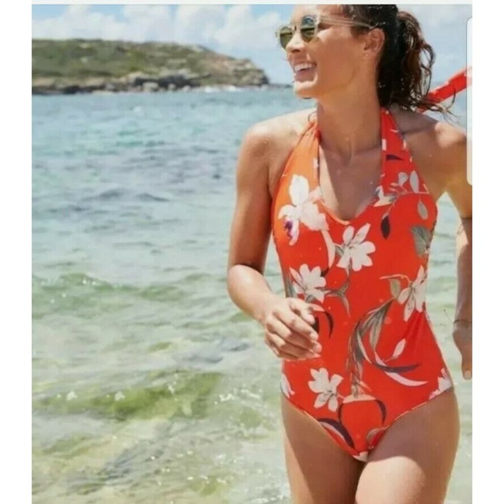 Athleta Waimea One Piece Swimsuit Size Large Plunge Halter Orange Floral Bra